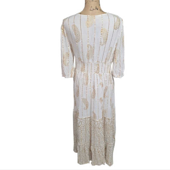 Anthropologie X Magic Me Cream And Metallic Gold Bohemian Lace Midi Dress SZ‎ XL - Picture 4 of 10